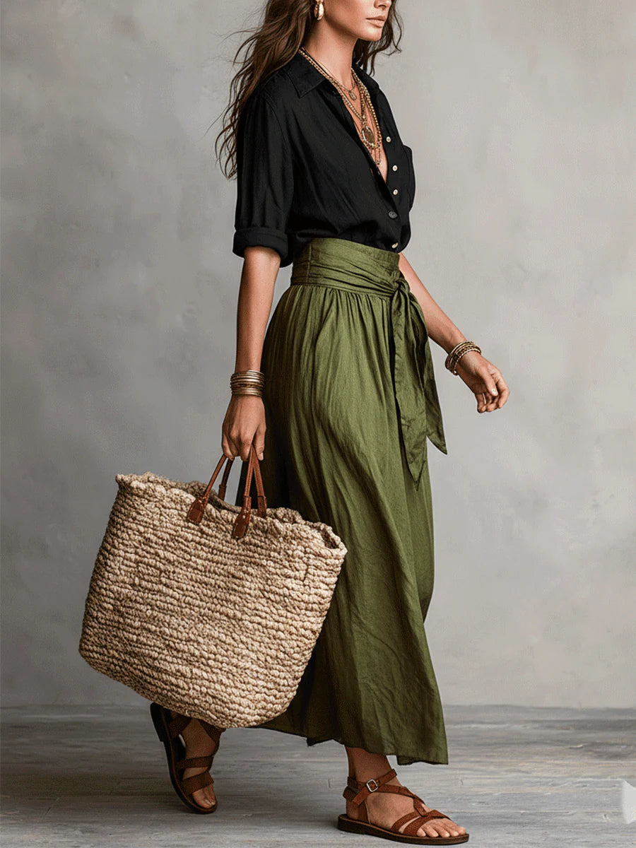 Women's Two-Piece Set Midi Skirt with High Waist Tie and Button-Down Shirt