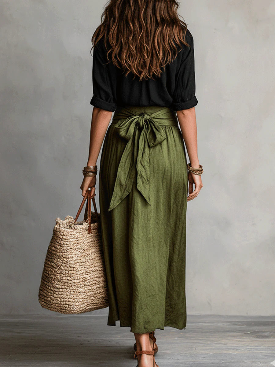 Women's Two-Piece Set Midi Skirt with High Waist Tie and Button-Down Shirt