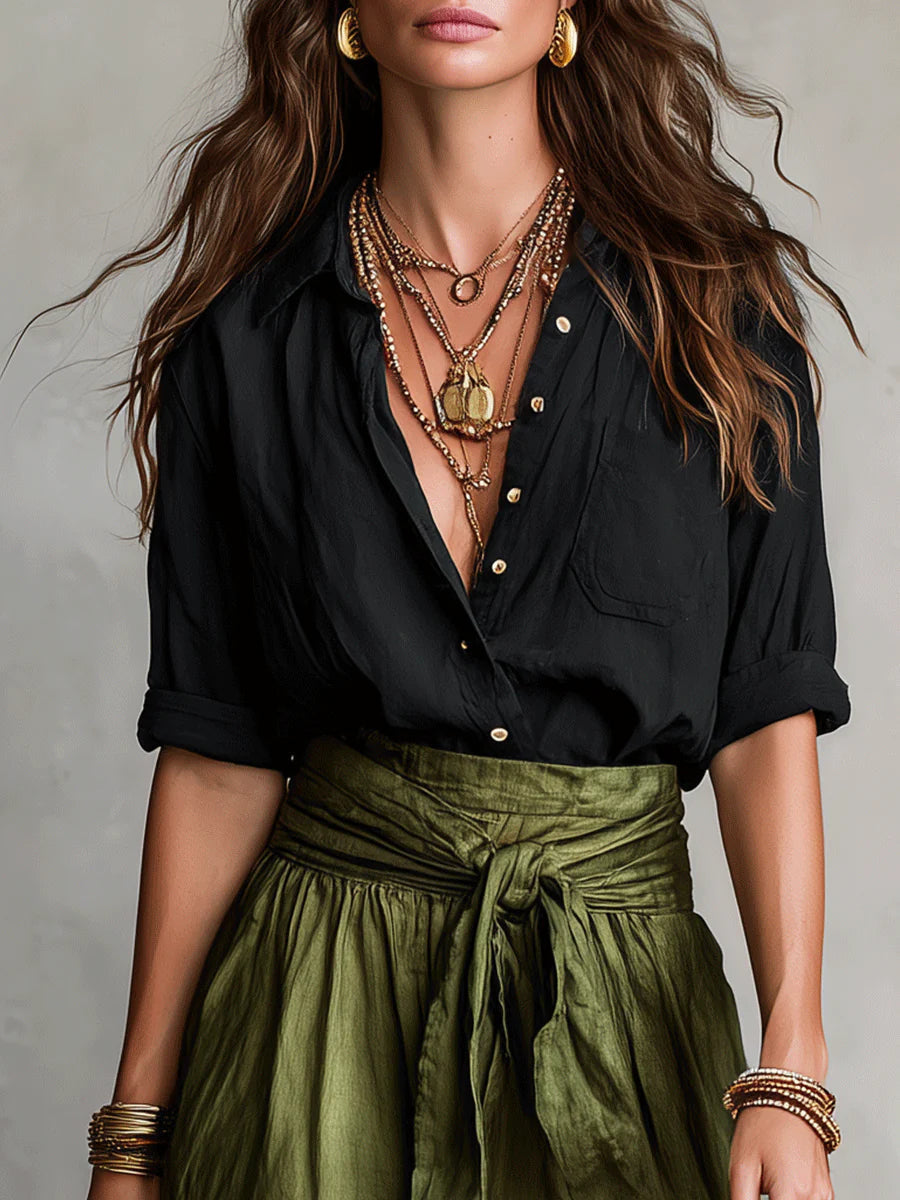 Women's Two-Piece Set Midi Skirt with High Waist Tie and Button-Down Shirt
