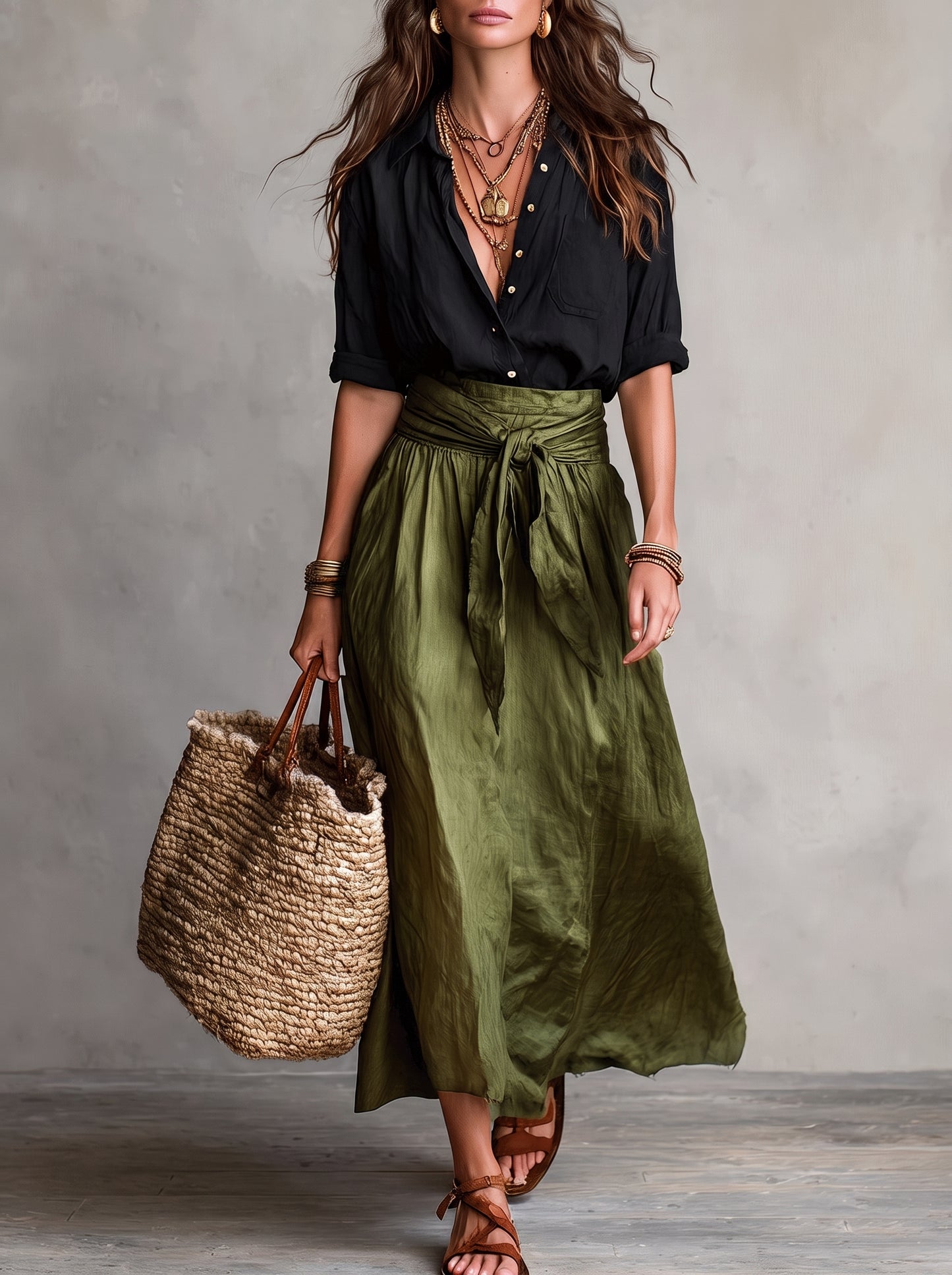 Women's Two-Piece Set Midi Skirt with High Waist Tie and Button-Down Shirt