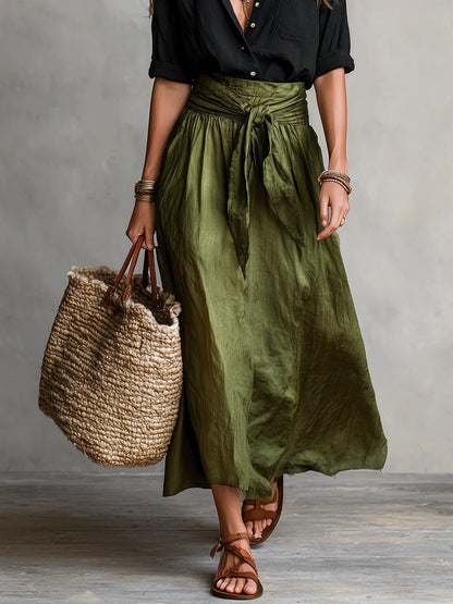 Women's Two-Piece Set Midi Skirt with High Waist Tie and Button-Down Shirt