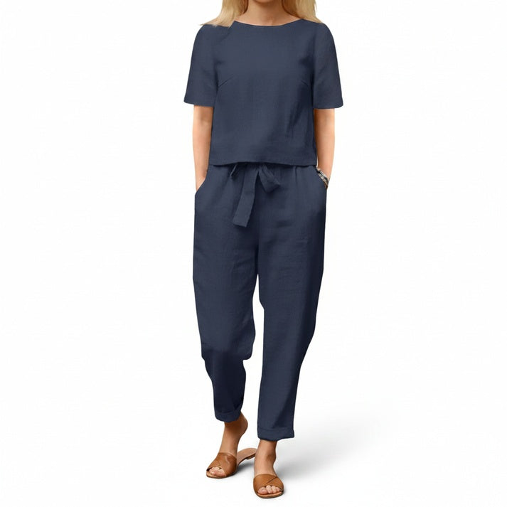 Women's Two-Piece Set Short Sleeve Top and Trousers with Tie Detail