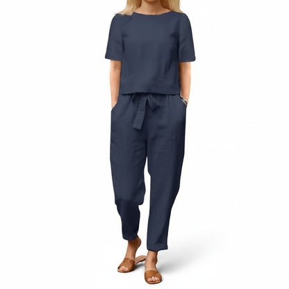 Women's Two-Piece Set Short Sleeve Top and Trousers with Tie Detail