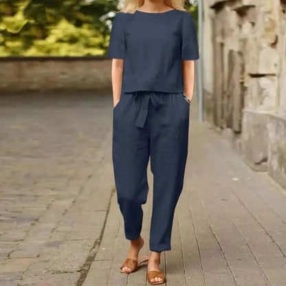 Women's Two-Piece Set Short Sleeve Top and Trousers with Tie Detail