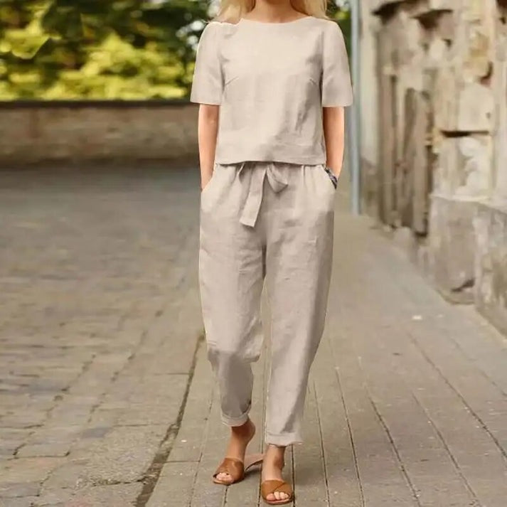 Women's Two-Piece Set Short Sleeve Top and Trousers with Tie Detail