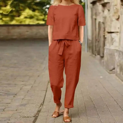 Women's Two-Piece Set Short Sleeve Top and Trousers with Tie Detail