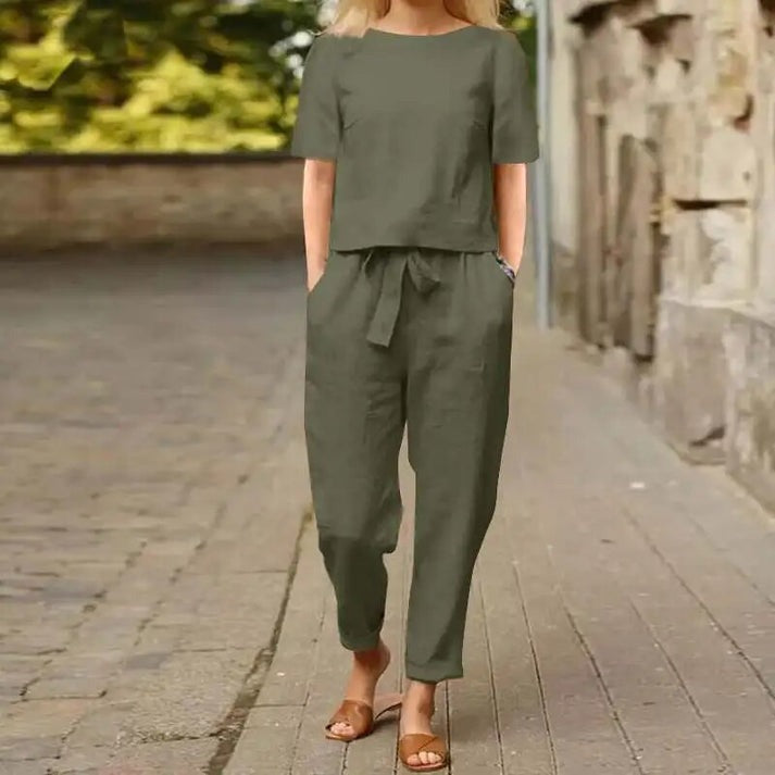 Women's Two-Piece Set Short Sleeve Top and Trousers with Tie Detail