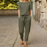 Women's Two-Piece Set Short Sleeve Top and Trousers with Tie Detail