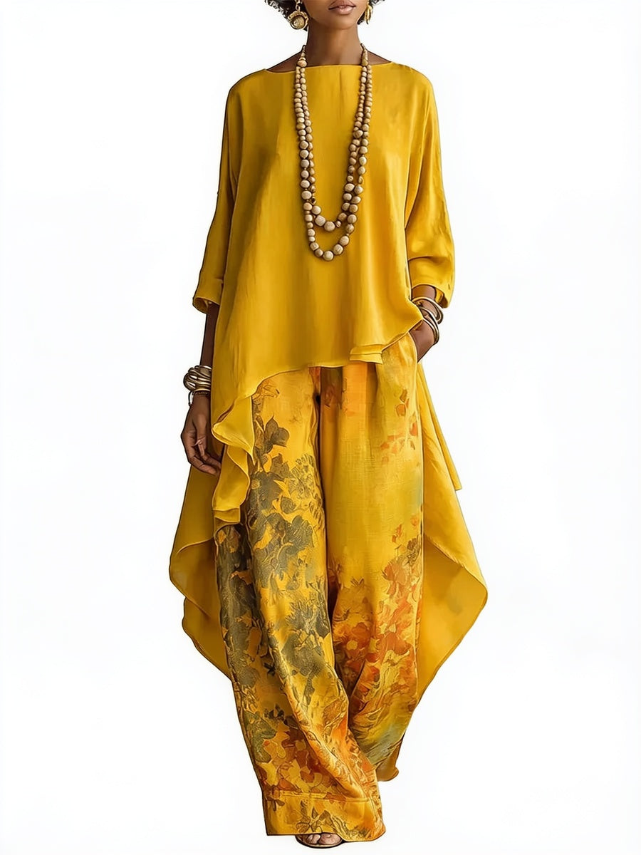 Women's Two-Piece Set with Asymmetric Top and Floral Wide-Leg Pants