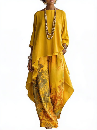 Women's Two-Piece Set with Asymmetric Top and Floral Wide-Leg Pants