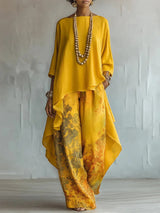 Women's Two-Piece Set with Asymmetric Top and Floral Wide-Leg Pants