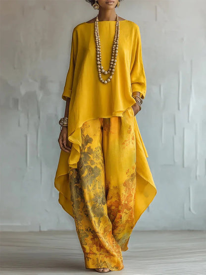Women's Two-Piece Set with Asymmetric Top and Floral Wide-Leg Pants