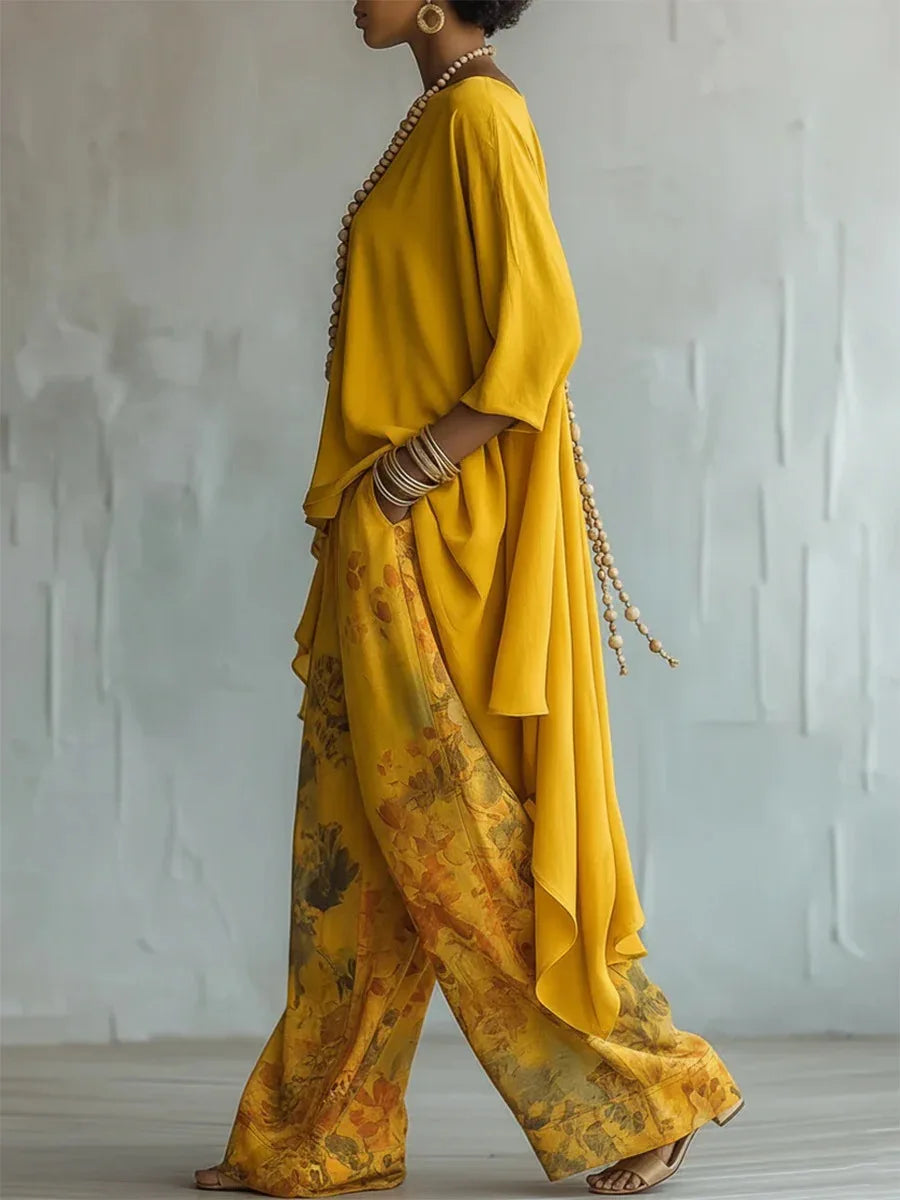 Women's Two-Piece Set with Asymmetric Top and Floral Wide-Leg Pants