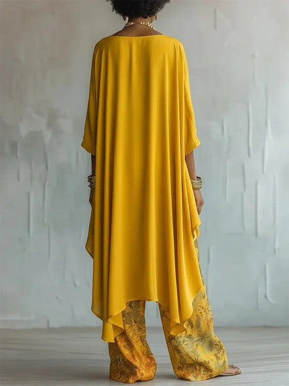 Women's Two-Piece Set with Asymmetric Top and Floral Wide-Leg Pants