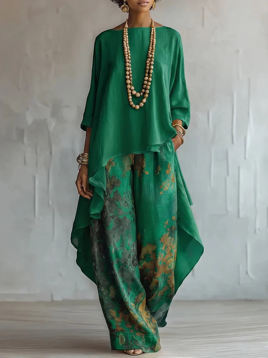 Women's Two-Piece Set with Asymmetric Top and Floral Wide-Leg Pants