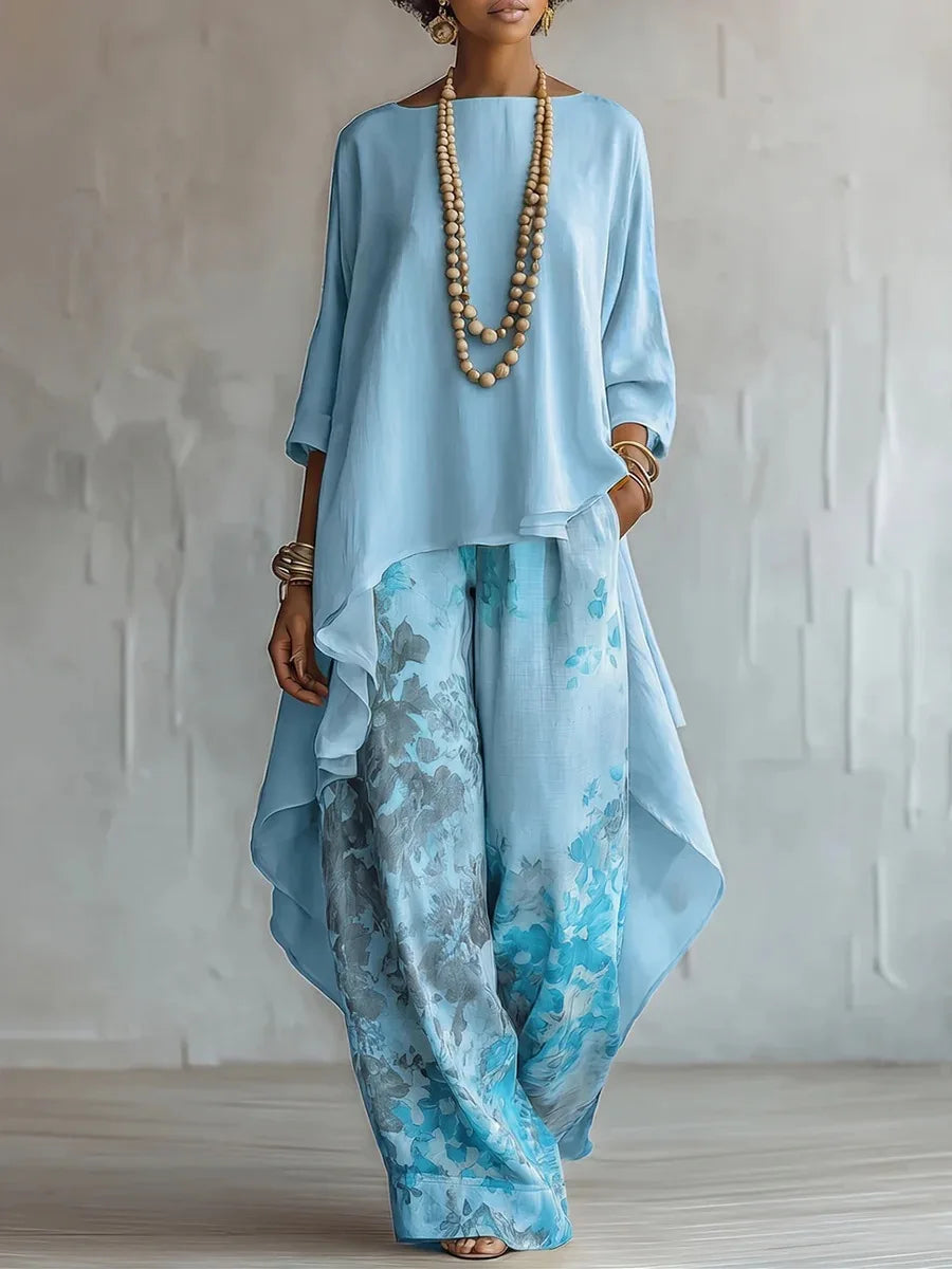 Women's Two-Piece Set with Asymmetric Top and Floral Wide-Leg Pants