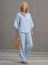 Women's Two-Piece Set with Blouse, Mandarin Collar and Wide-Leg Trousers