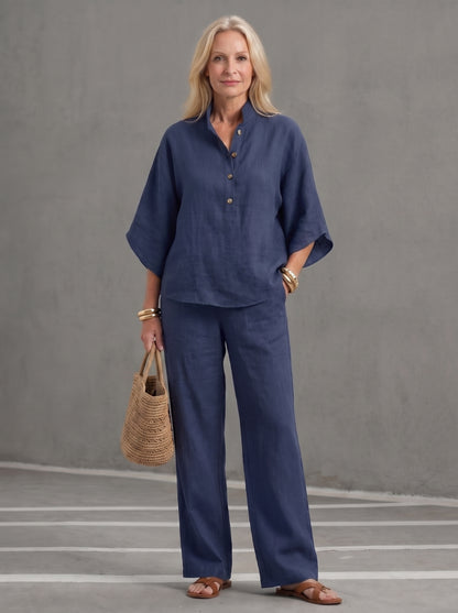 Women's Two-Piece Set with Blouse, Mandarin Collar and Wide-Leg Trousers
