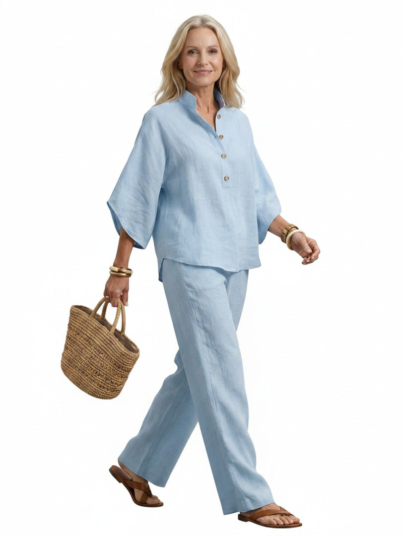 Women's Two-Piece Set with Blouse, Mandarin Collar and Wide-Leg Trousers