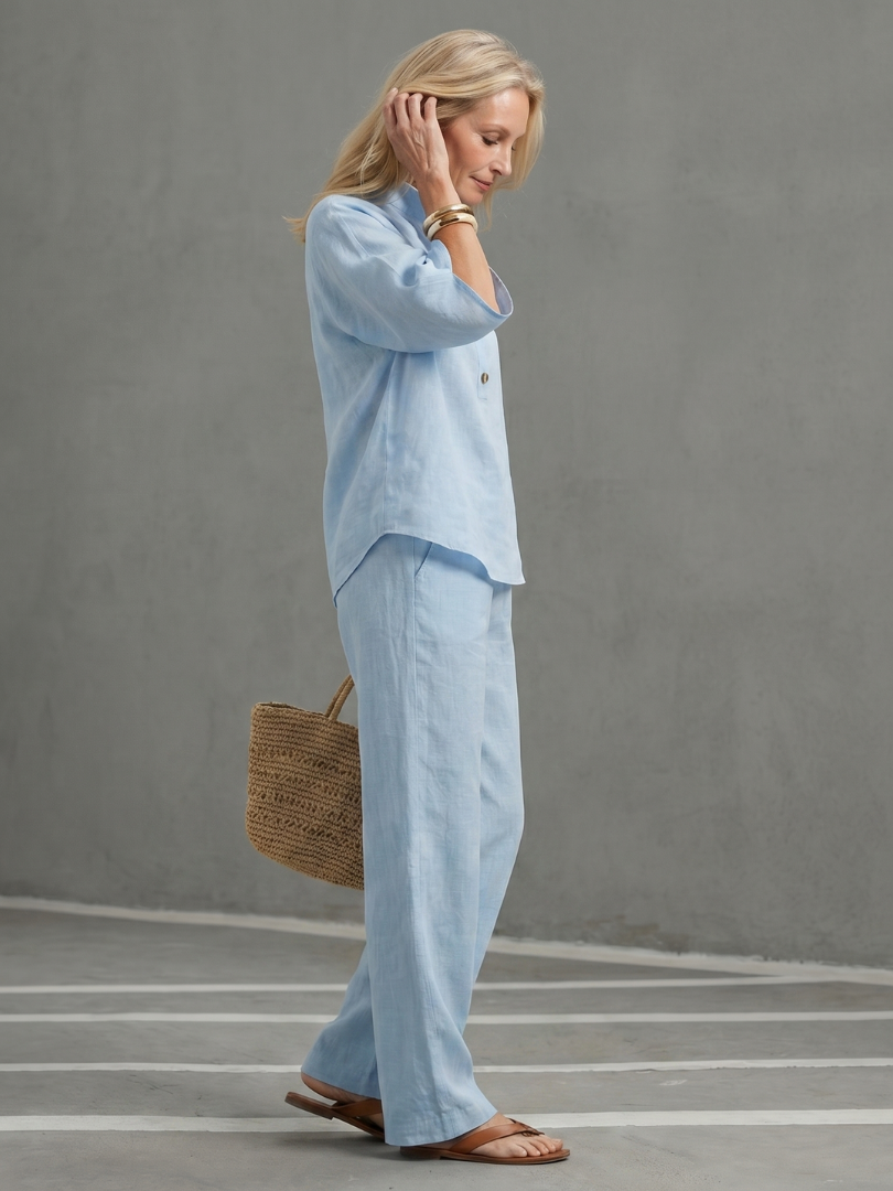 Women's Two-Piece Set with Blouse, Mandarin Collar and Wide-Leg Trousers