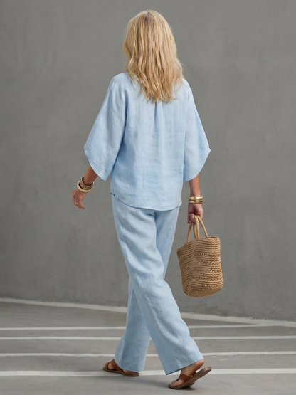Women's Two-Piece Set with Blouse, Mandarin Collar and Wide-Leg Trousers