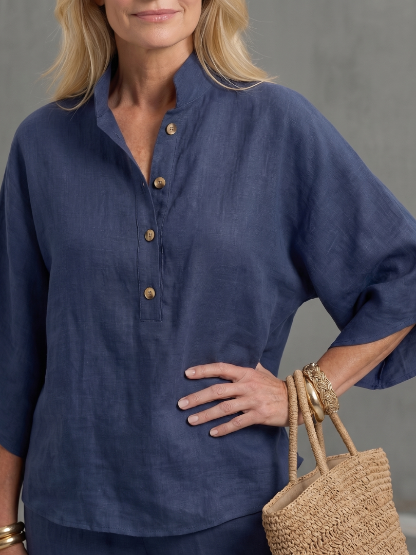 Women's Two-Piece Set with Blouse, Mandarin Collar and Wide-Leg Trousers
