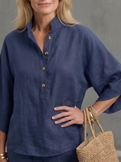 Women's Two-Piece Set with Blouse, Mandarin Collar and Wide-Leg Trousers