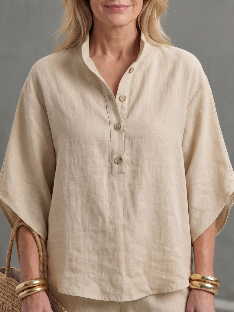 Women's Two-Piece Set with Blouse, Mandarin Collar and Wide-Leg Trousers