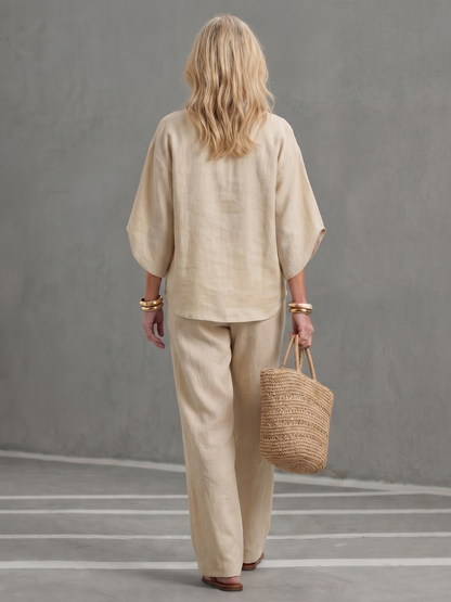 Women's Two-Piece Set with Blouse, Mandarin Collar and Wide-Leg Trousers