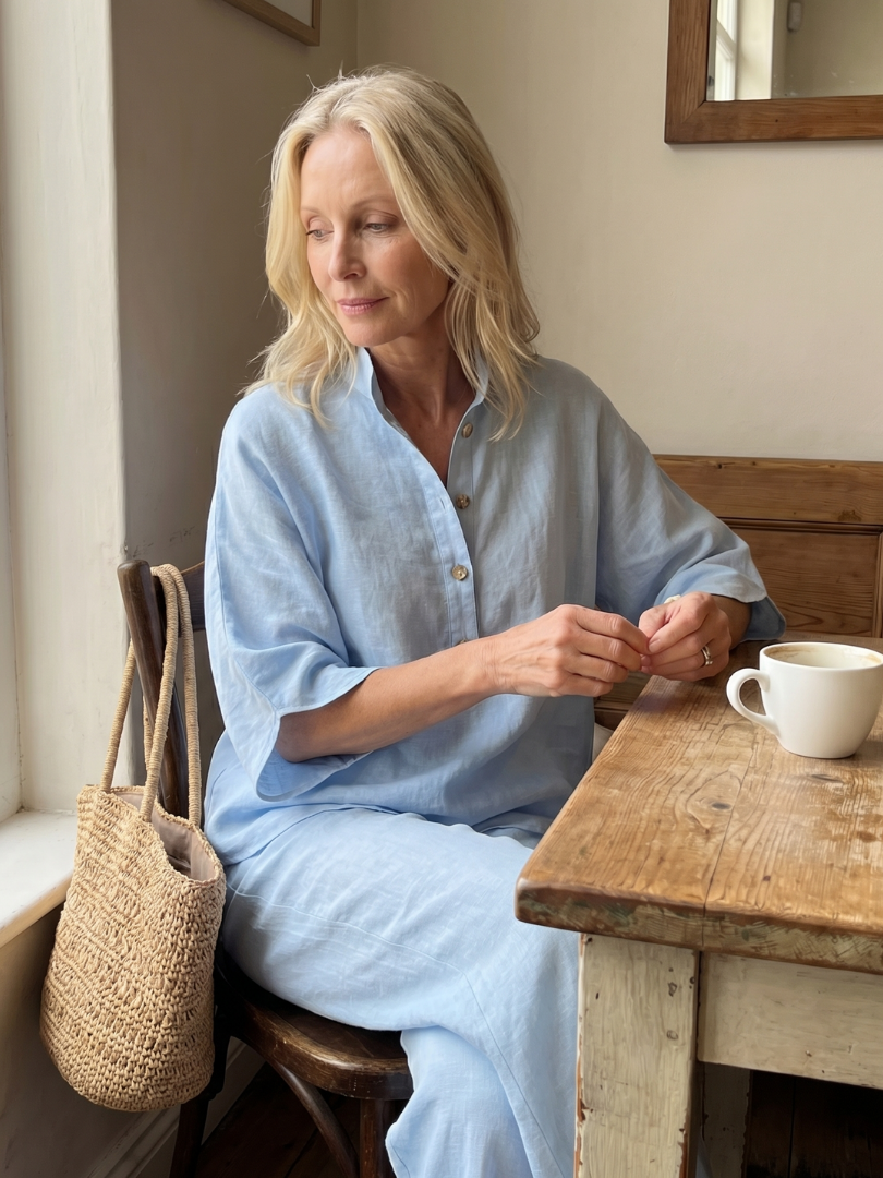 Women's Two-Piece Set with Blouse, Mandarin Collar and Wide-Leg Trousers
