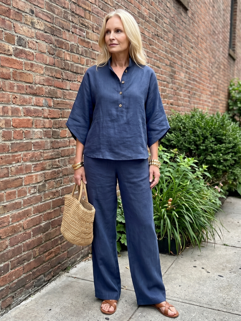 Women's Two-Piece Set with Blouse, Mandarin Collar and Wide-Leg Trousers