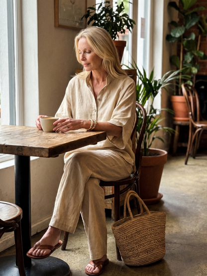 Women's Two-Piece Set with Blouse, Mandarin Collar and Wide-Leg Trousers