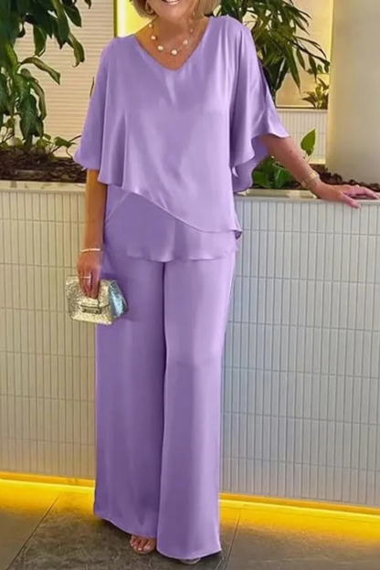 Women's Two-Piece Set with Cape Top and Wide-Leg Pants V-Neck