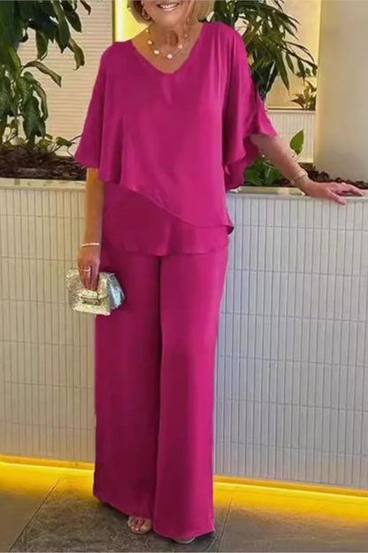 Women's Two-Piece Set with Cape Top and Wide-Leg Pants V-Neck