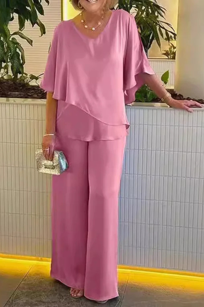 Women's Two-Piece Set with Cape Top and Wide-Leg Pants V-Neck