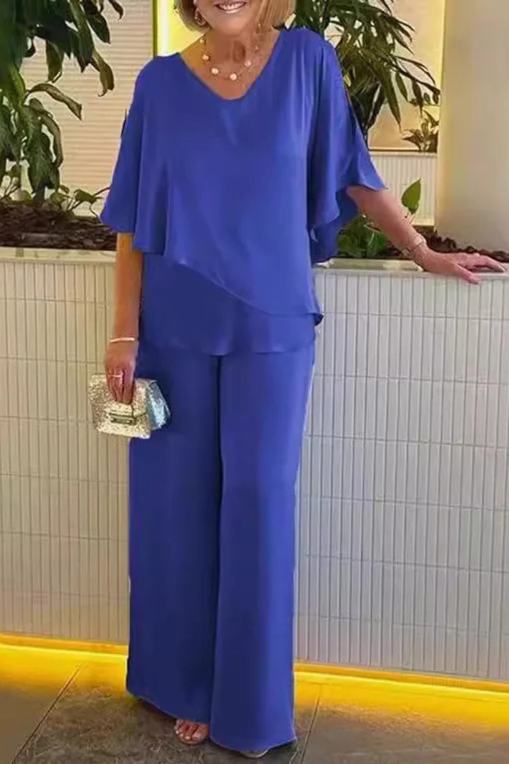 Women's Two-Piece Set with Cape Top and Wide-Leg Pants V-Neck