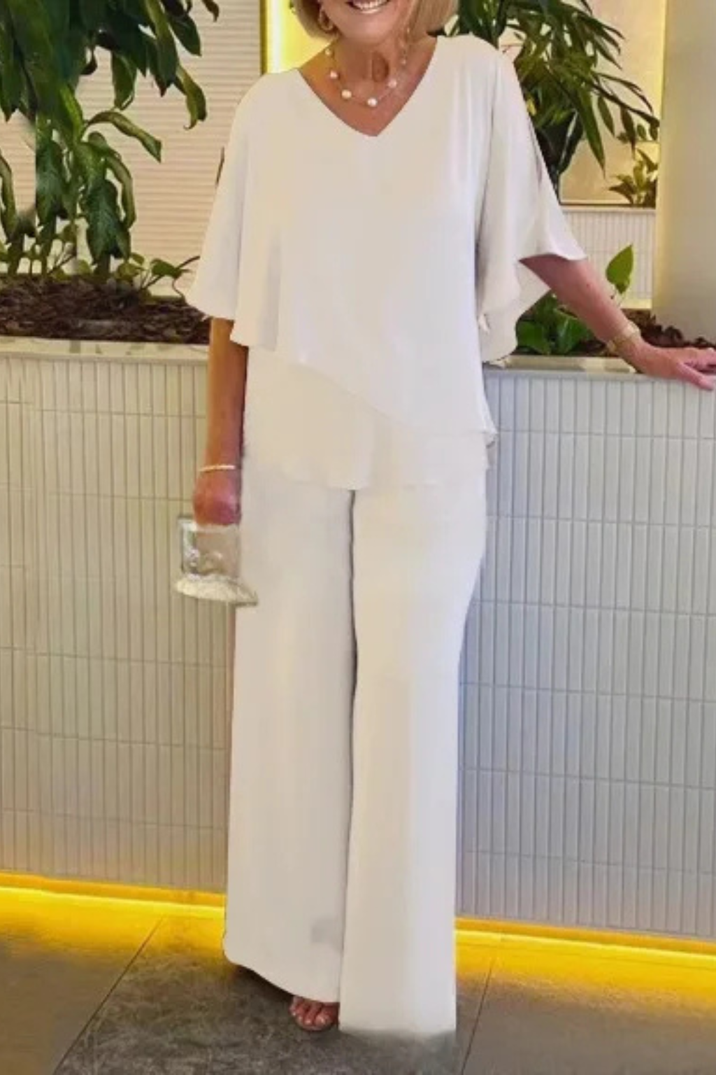 Women's Two-Piece Set with Cape Top and Wide-Leg Pants V-Neck