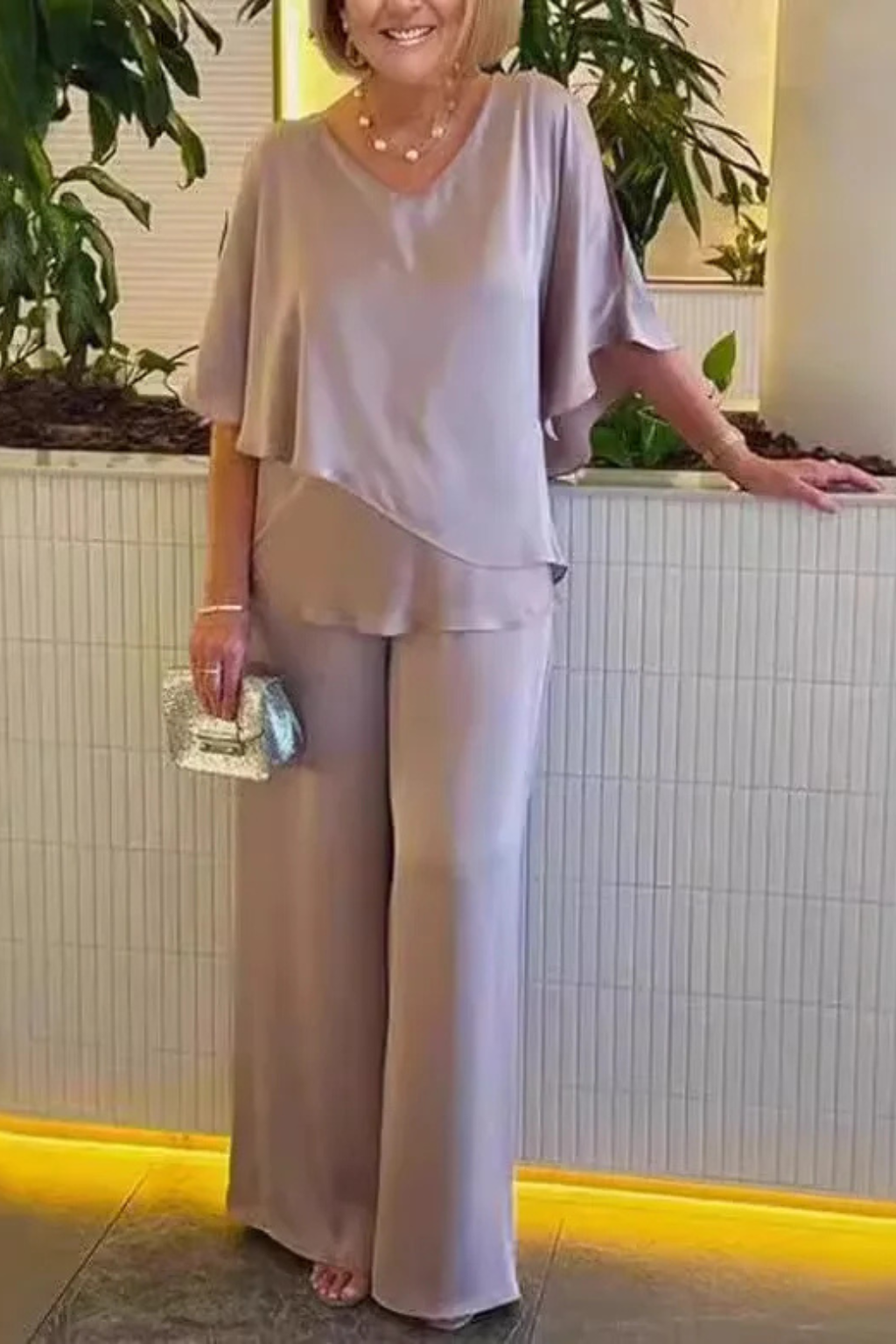 Women's Two-Piece Set with Cape Top and Wide-Leg Pants V-Neck