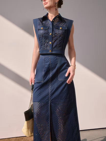 Women's Two-Piece Set with Openwork Diamond Pattern