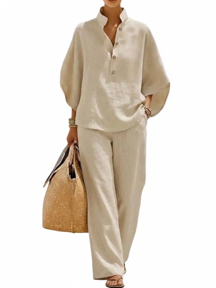 Women's Two-Piece Set with Wide-Leg Trousers and Stand Collar Blouse