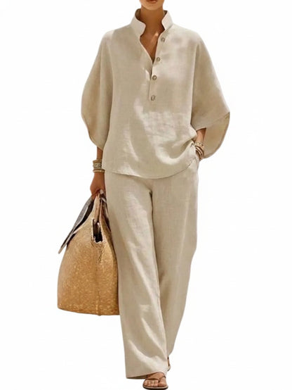 Women's Two-Piece Set with Wide-Leg Trousers and Stand Collar Blouse