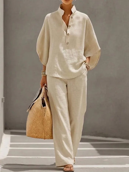 Women's Two-Piece Set with Wide-Leg Trousers and Stand Collar Blouse