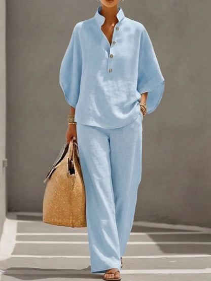 Women's Two-Piece Set with Wide-Leg Trousers and Stand Collar Blouse