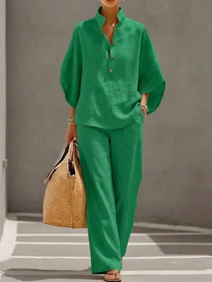 Women's Two-Piece Set with Wide-Leg Trousers and Stand Collar Blouse