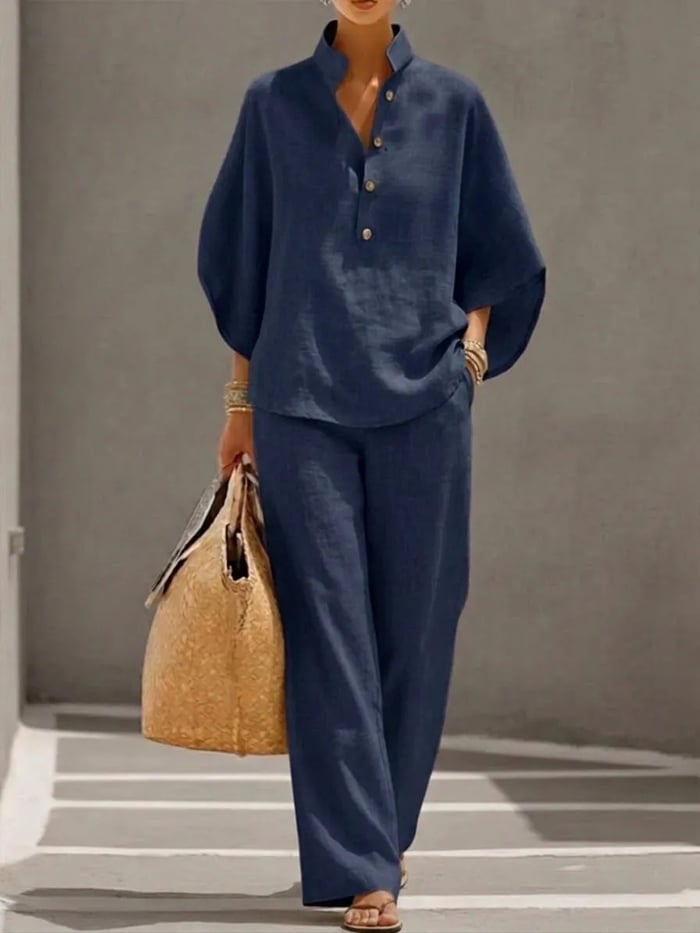 Women's Two-Piece Set with Wide-Leg Trousers and Stand Collar Blouse