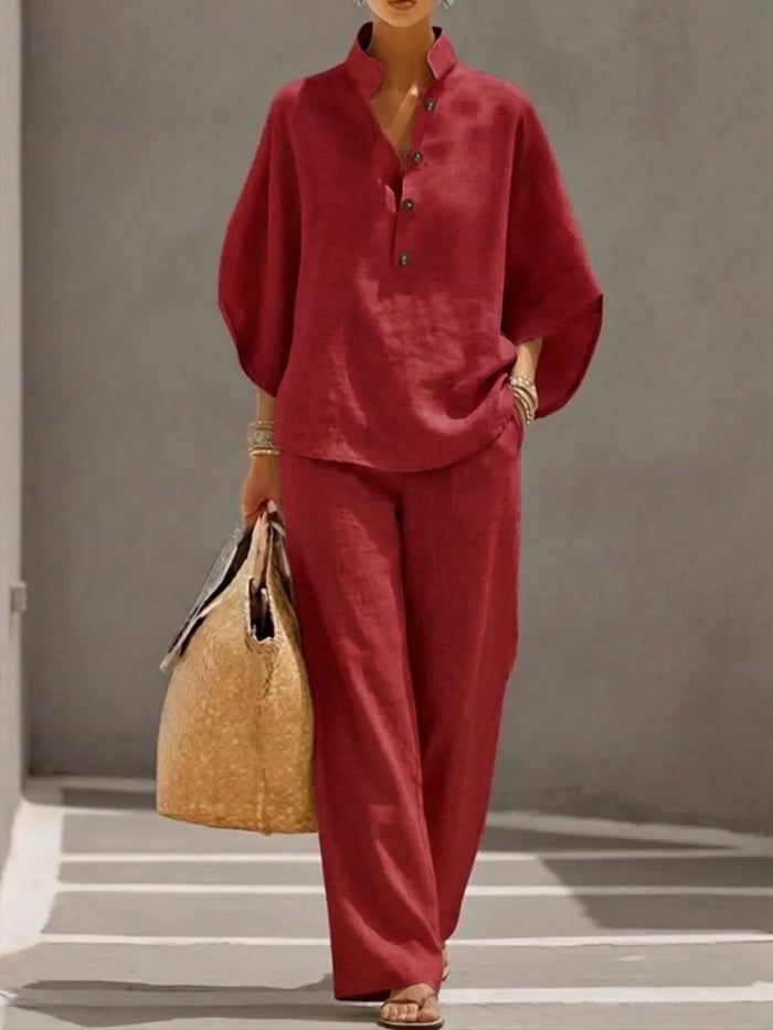 Women's Two-Piece Set with Wide-Leg Trousers and Stand Collar Blouse