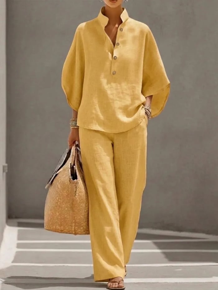 Women's Two-Piece Set with Wide-Leg Trousers and Stand Collar Blouse