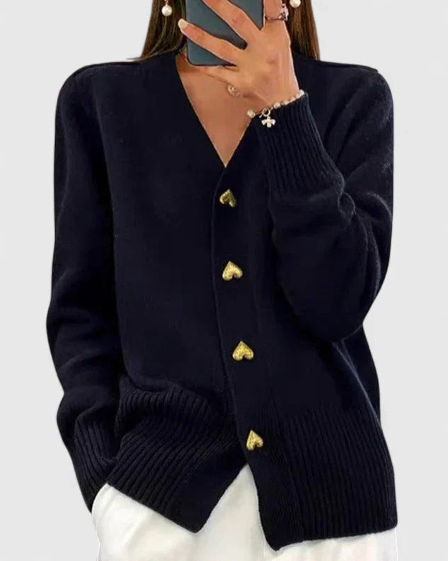 Women's V-Neck Cardigan with Heart Buttons and Ribbed Cuffs