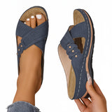 Women's Wedge Sandals with Crossover Strap and Gold Stud Detail