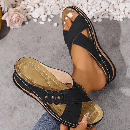 Women's Wedge Sandals with Crossover Strap and Gold Stud Detail